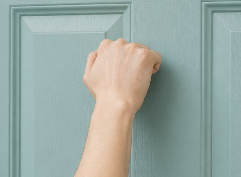 A hand reaching for a weathered door