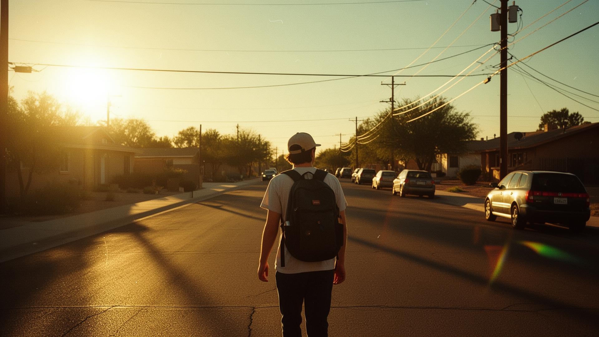 A young man walking down a sunlit New Mexico street at golden hour