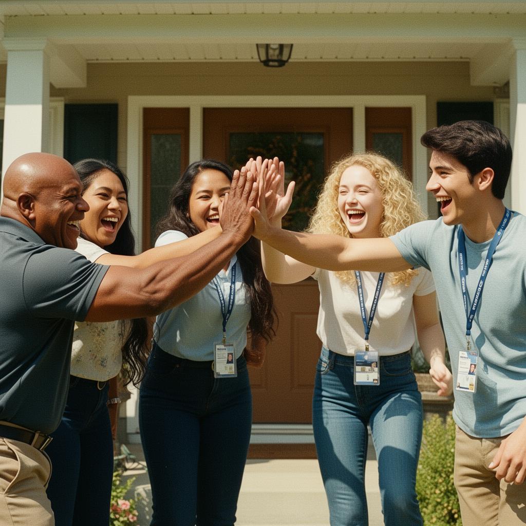 Door-to-door sales crew laughing on a porch