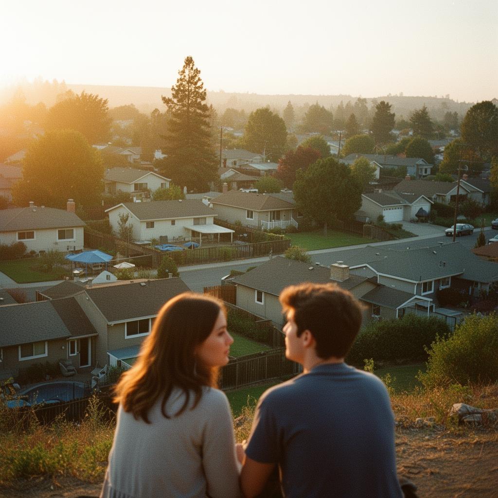 Liam and a young woman sit watching the sunset over a New Mexico valley